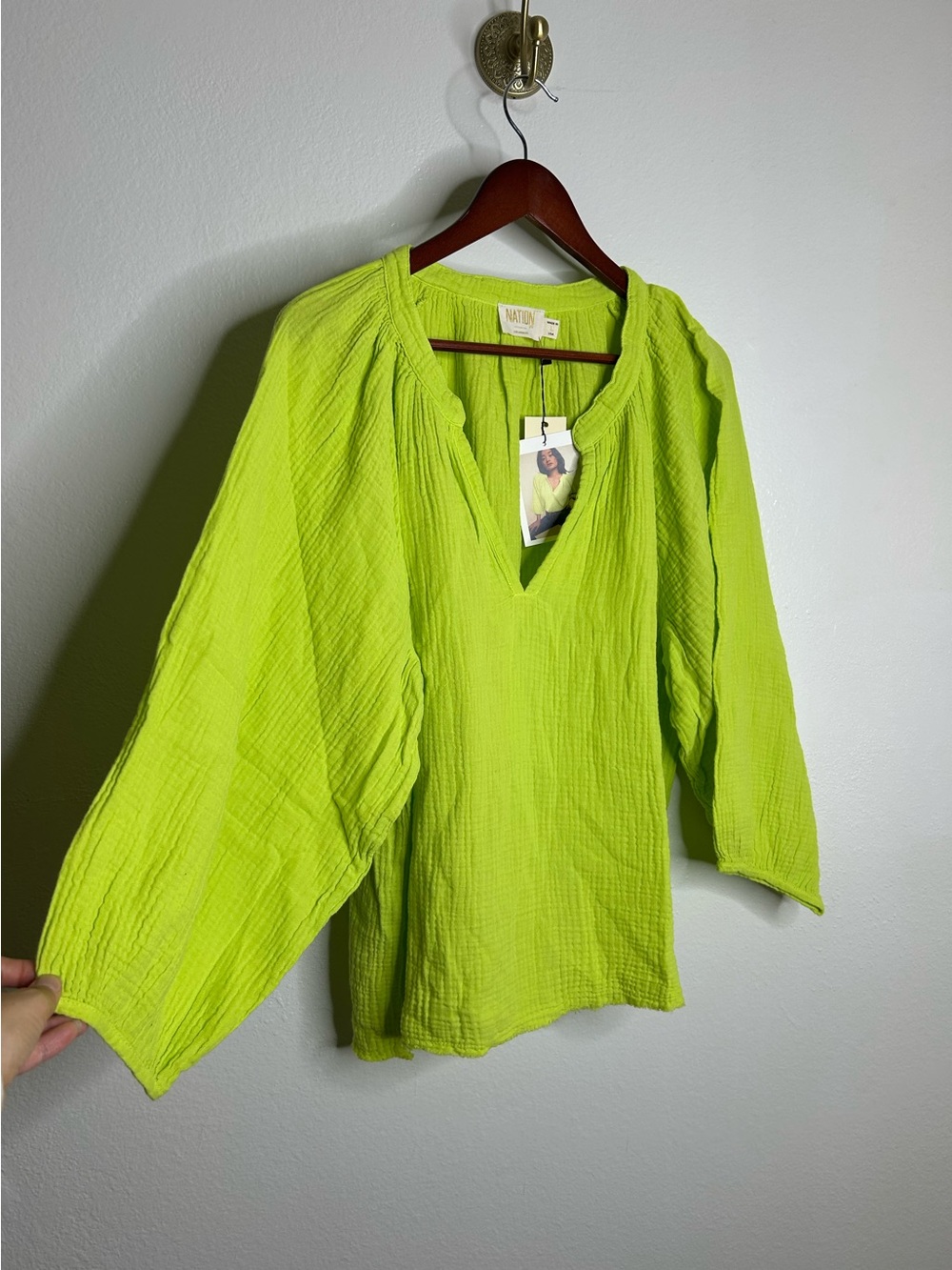 NWT Nation LA 100% Cotton Gauze Bright Green Peasant Style Mimi Blouse